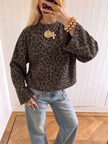 SHEIN EZwear Women's Leopard Print Round Neck Long Sleeve Casual Loose Fit T-Shirt - Multicolor - View 4