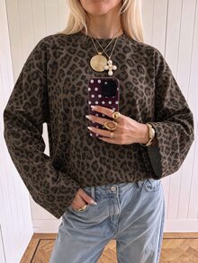 SHEIN EZwear Women's Leopard Print Round Neck Long Sleeve Casual Loose Fit T-Shirt - Multicolor - View 5