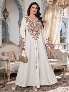 SHEIN Najma Plus Size Women's Colorful Vine Pattern Digital Print V-Neck Long Sleeve Elegant Arabic Maxi Dress, Spring/Autumn - Multicolor - View 6