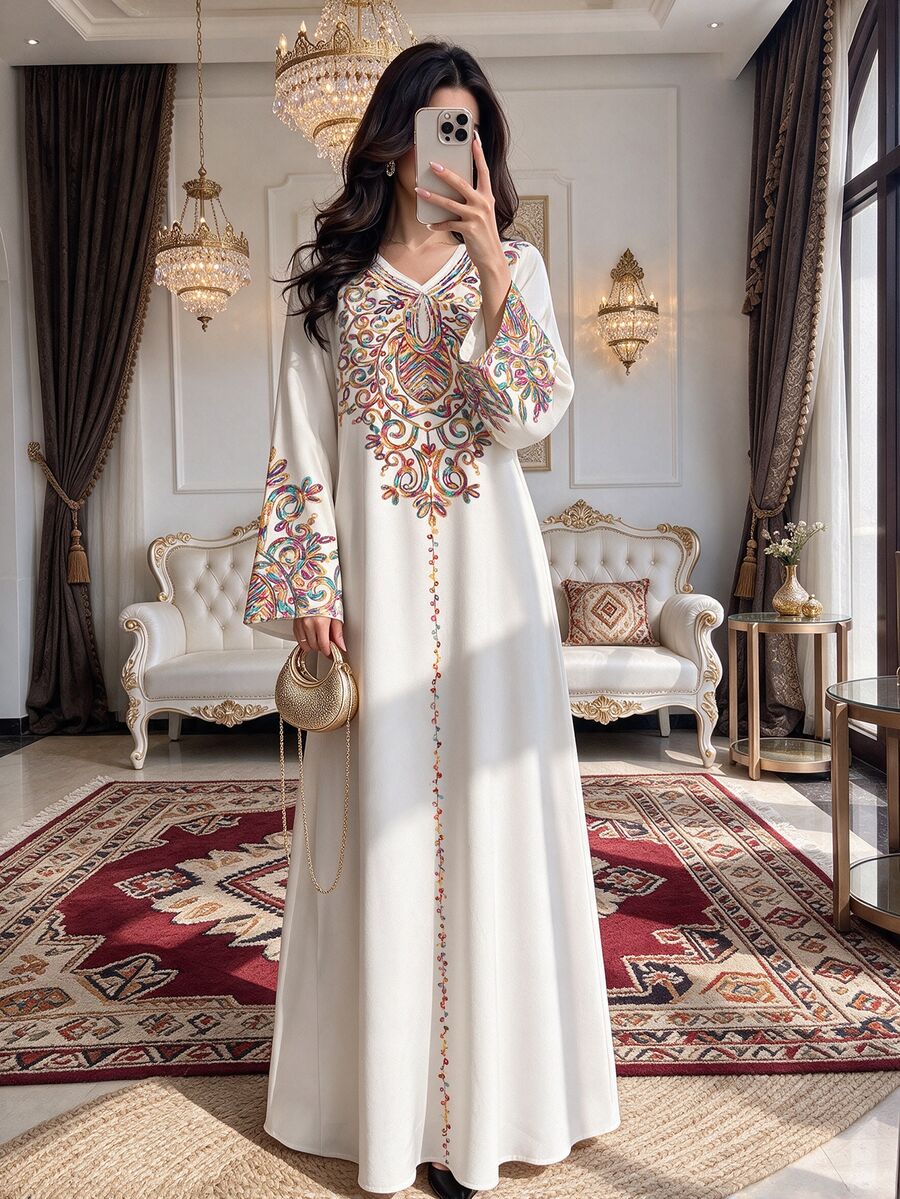 SHEIN Najma Plus Size Women's Colorful Vine Pattern Digital Print V-Neck Long Sleeve Elegant Arabic Maxi Dress, Spring/Autumn - Multicolor - View 1