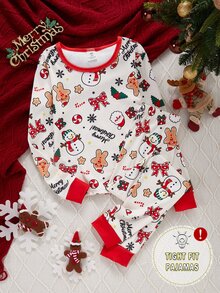 Girls' Christmas Element Print Long Sleeve Top And Pants 2 Pieces Pajama Set, Soft And Comfortable Fabric, Perfect Gift For Girls, Suitable For Autumn/Winter, Home Leisure, Holiday Party And Family Matching, Fitted Sleepwear - Multicolor - View 3