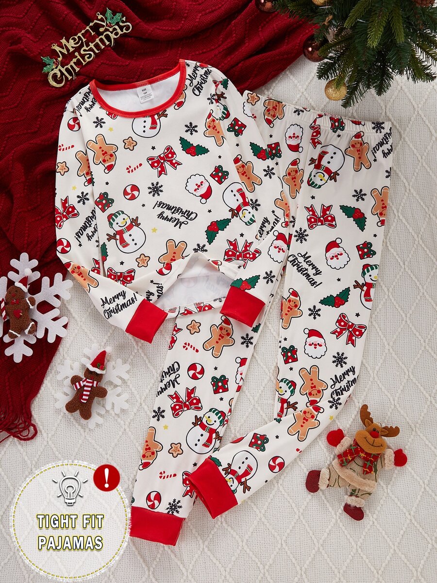 Girls' Christmas Element Print Long Sleeve Top And Pants 2 Pieces Pajama Set, Soft And Comfortable Fabric, Perfect Gift For Girls, Suitable For Autumn/Winter, Home Leisure, Holiday Party And Family Matching, Fitted Sleepwear - Multicolor - View 1