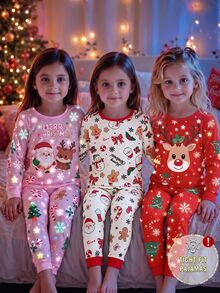 Girls' Christmas Element Print Long Sleeve Top And Pants 2 Pieces Pajama Set, Soft And Comfortable Fabric, Perfect Gift For Girls, Suitable For Autumn/Winter, Home Leisure, Holiday Party And Family Matching, Fitted Sleepwear - Multicolor - View 8