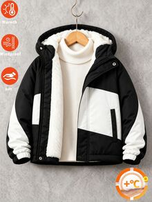 SHEIN 男童黑色連帽夾克，黑白拼接內裡外套，舒適外衣，適合 4-7 歲男孩在秋冬春季穿著 - 黑色 - 查看 5