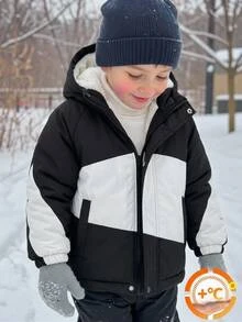 SHEIN 男童黑色連帽夾克，黑白拼接內裡外套，舒適外衣，適合 4-7 歲男孩在秋冬春季穿著 - 黑色 - 查看 2