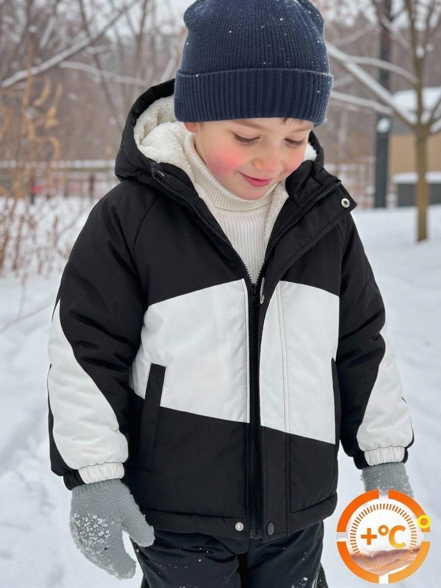 SHEIN 男童黑色連帽夾克，黑白拼接內裡外套，舒適外衣，適合 4-7 歲男孩在秋冬春季穿著