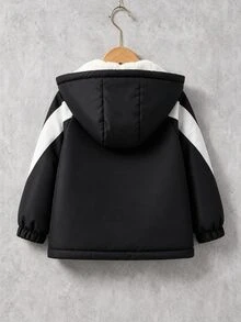 SHEIN 男童黑色連帽夾克，黑白拼接內裡外套，舒適外衣，適合 4-7 歲男孩在秋冬春季穿著 - 黑色 - 查看 3