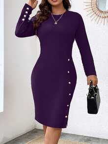 Rometta Plus Size Casual Solid Colored Button Decor Fitted Dress, Autumn Fall Cloth For Women - Purple - View 4