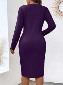 Rometta Plus Size Casual Solid Colored Button Decor Fitted Dress, Autumn Fall Cloth For Women - Purple - View 2