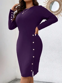 Rometta Plus Size Casual Solid Colored Button Decor Fitted Dress, Autumn Fall Cloth For Women - Purple - View 5