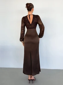 Siren Gaze Gaun Patchwork Renda Musim Gugur/Dingin Terbaru untuk Wanita - Coklat - View 2