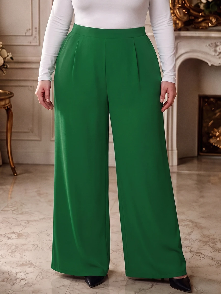 Rometta Pantalones anchos de unicolor, versátiles y casuales, de talla grande - Verde Oscuro - Ver 1