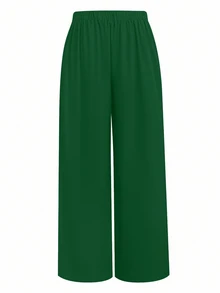Rometta Pantalones anchos de unicolor, versátiles y casuales, de talla grande - Verde Oscuro - Ver 2