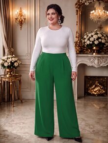 Rometta Pantalones anchos de unicolor, versátiles y casuales, de talla grande - Verde Oscuro - Ver 4