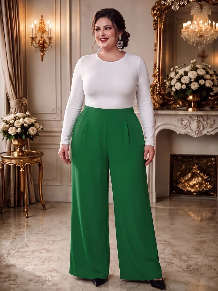Rometta Plus Size Solid Color Casual Versatile Wide Leg Pants Fall Cloth For Women - Dark Green - View 1