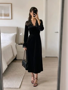 Easowa Women's Fall/Winter Elegant Black Velvet Midi Dress With Lace Detail And Bell Sleeves, Perfect For Evening Wear And Special Occasions Party Dress - Black - View 2