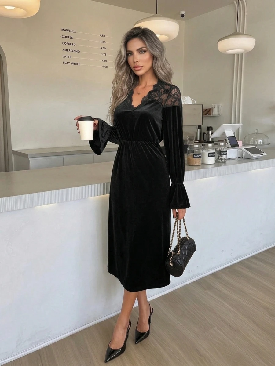 Easowa Women's Fall/Winter Elegant Black Velvet Midi Dress With Lace Detail And Bell Sleeves, Perfect For Evening Wear And Special Occasions Party Dress - Black - View 1