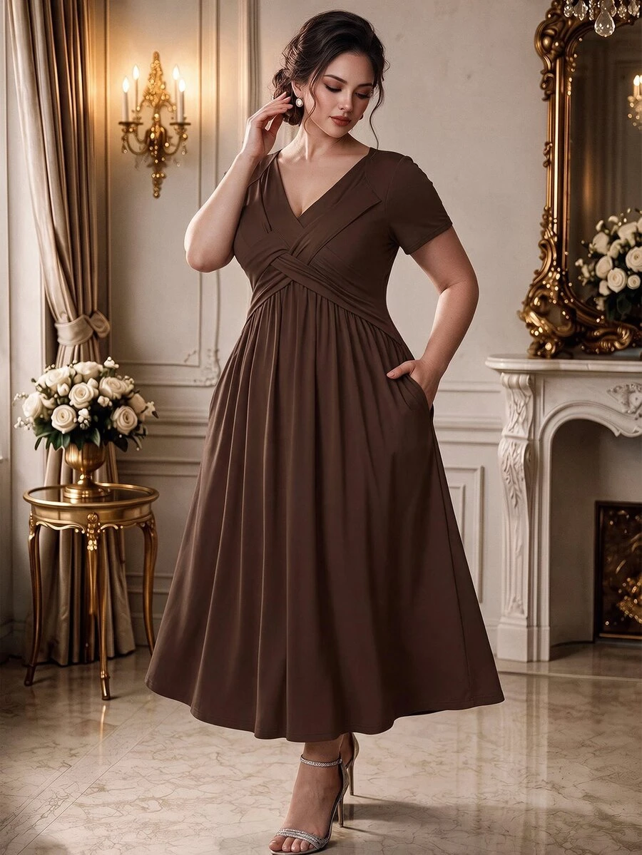 Casual Solid Color Twist Front Short Sleeve Dress, Suitable For Vacation Maxi Women Outfit - Brown - View 1