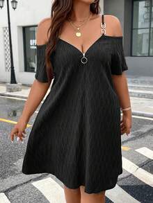 Rometta Dress Ukuran Plus Cincin Zip Plain Casual - Hitam - View 5