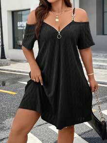 Rometta Dress Ukuran Plus Cincin Zip Plain Casual - Hitam - View 3