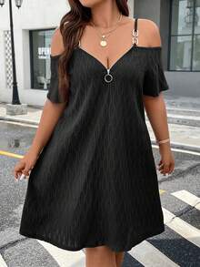 Rometta Dress Ukuran Plus Cincin Zip Plain Casual - Hitam - View 4