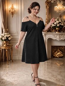 Rometta Dress Ukuran Plus Cincin Zip Plain Casual - Hitam - View 1