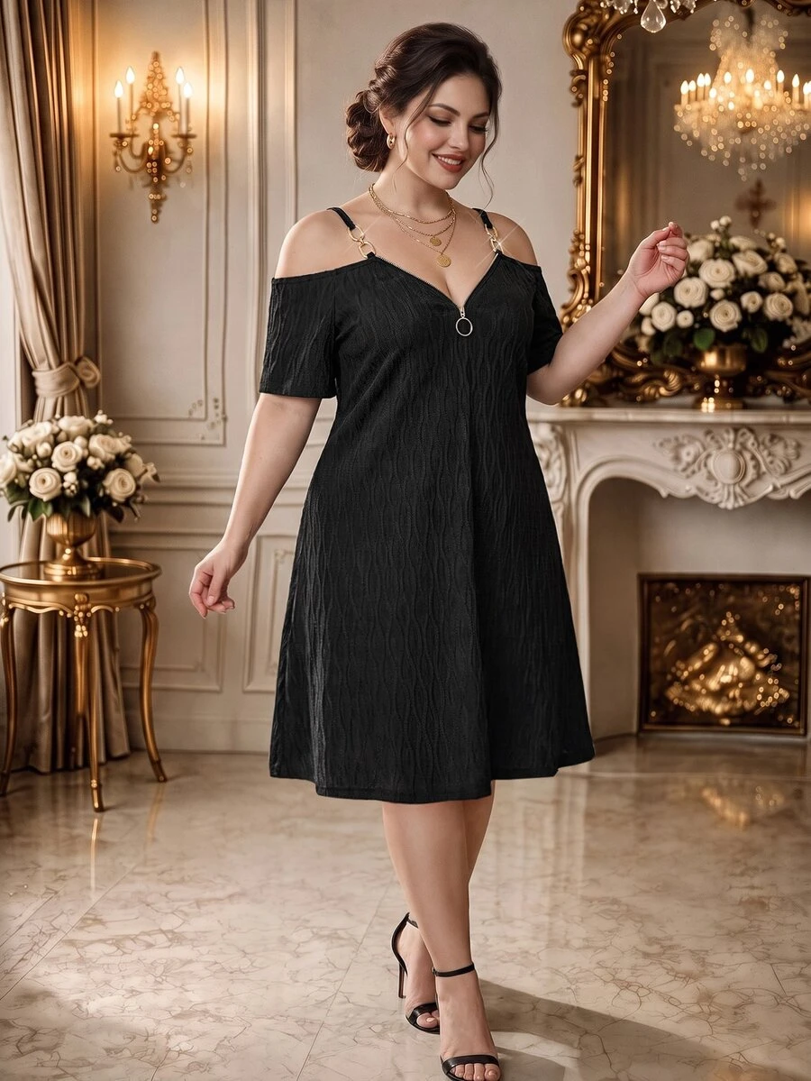 Rometta Dress Ukuran Plus Cincin Zip Plain Casual - Hitam - View 1