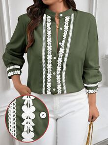 DreamSkyne Plus Size Contrast Color Trim Collar & Cuff Casual Office Shirt With Long Sleeves Fall - Army Green - View 3