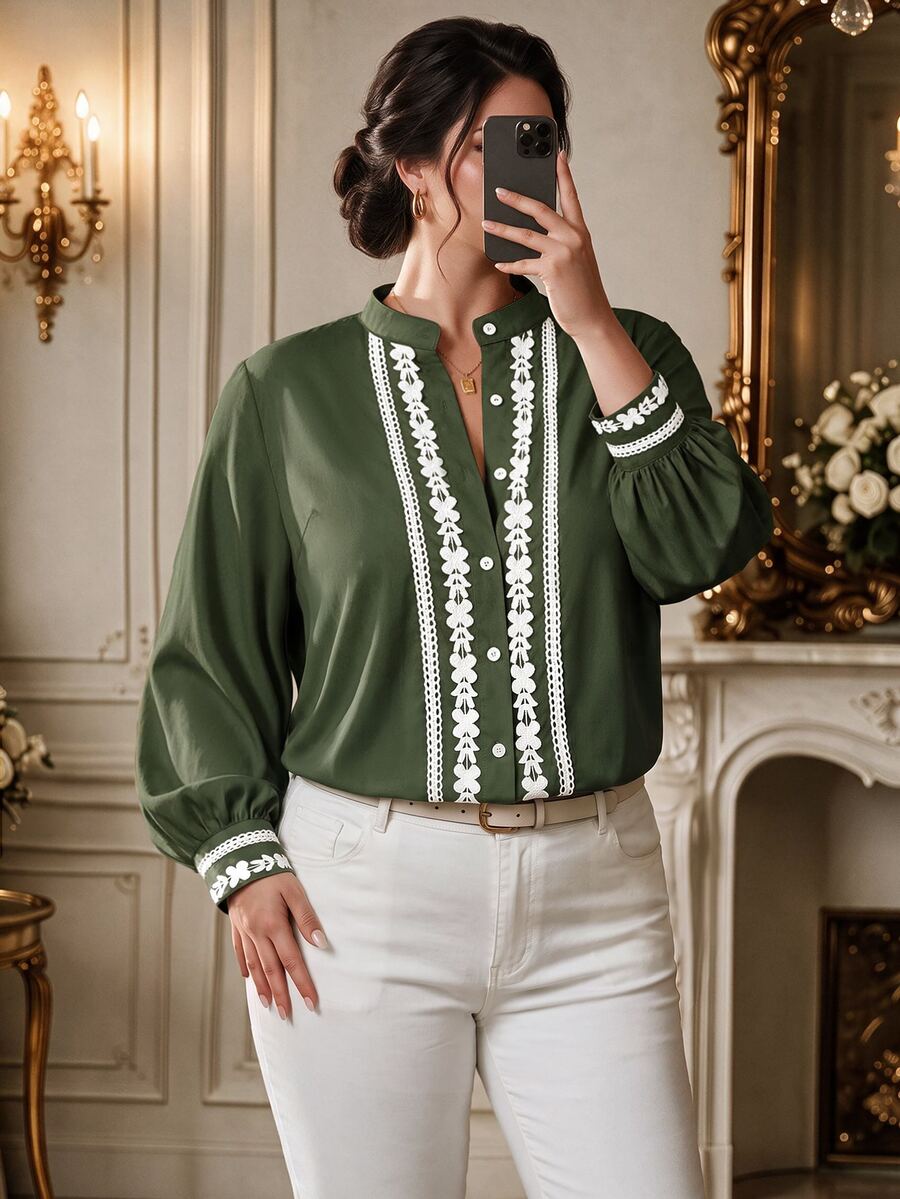 DreamSkyne Plus Size Contrast Color Trim Collar & Cuff Casual Office Shirt With Long Sleeves Fall - Army Green - View 1