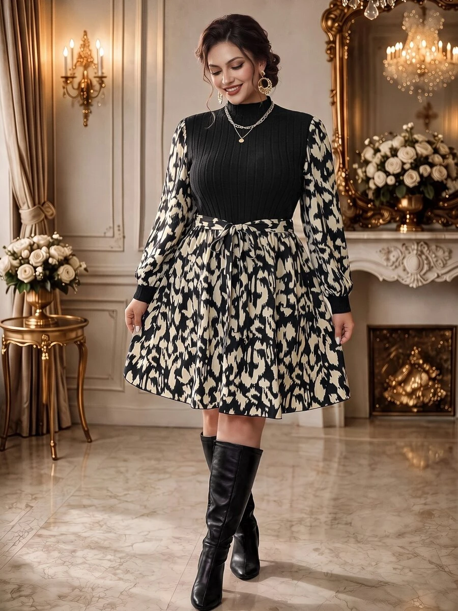 DreamSkyne Plus Size Collared Elastic Knit Contrast Ditsy Floral Fitted Waist A-Line Casual Holiday Dress Fall Cloth For Women - Multicolor - View 1