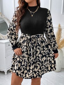 DreamSkyne Plus Size Collared Elastic Knit Contrast Ditsy Floral Fitted Waist A-Line Casual Holiday Dress Fall Cloth For Women - Multicolor - View 3