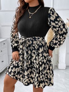 DreamSkyne Plus Size Collared Elastic Knit Contrast Ditsy Floral Fitted Waist A-Line Casual Holiday Dress Fall Cloth For Women - Multicolor - View 7