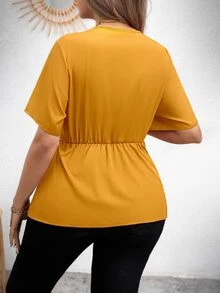 Rometta Plus Size Summer Casual Solid Color Waist Cinched Asymmetric Hem Shirt Peplum Top - Yellow - View 2