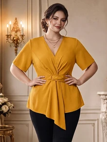 Rometta Plus Size Summer Casual Solid Color Waist Cinched Asymmetric Hem Shirt Peplum Top - Yellow - View 1