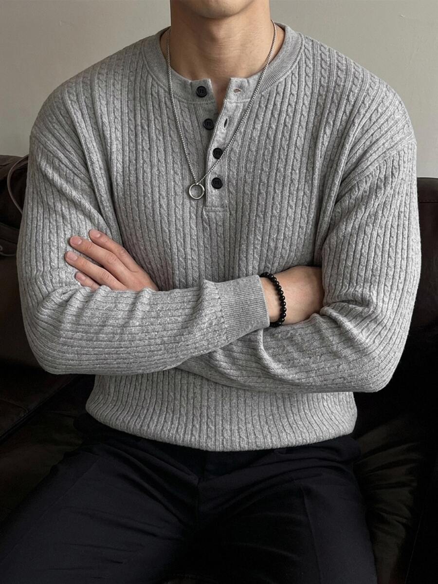 DAZY Spring/Autumn Round Neck Half-Zip Grey Floral Print Ribbed Cuff & Hem Pullover Sweatshirt For Men Hoodies - Grey - View 1