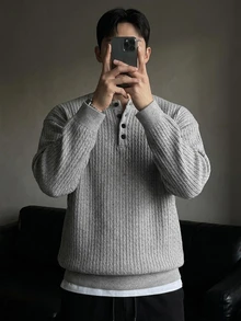 DAZY Spring/Autumn Round Neck Half-Zip Grey Floral Print Ribbed Cuff & Hem Pullover Sweatshirt For Men Hoodies - Grey - View 5