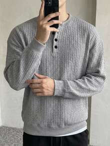 DAZY Spring/Autumn Round Neck Half-Zip Grey Floral Print Ribbed Cuff & Hem Pullover Sweatshirt For Men Hoodies - Grey - View 7