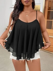 DreamSkyne Plus Size Summer Chiffon Solid Color Spaghetti Strap Camisole - Black - View 9