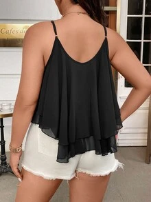 DreamSkyne Plus Size Summer Chiffon Solid Color Spaghetti Strap Camisole - Black - View 2