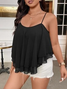 DreamSkyne Plus Size Summer Chiffon Solid Color Spaghetti Strap Camisole - Black - View 5