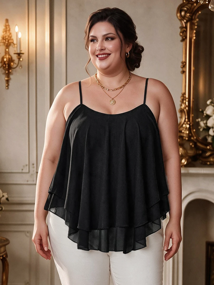 DreamSkyne Plus Size Summer Chiffon Solid Color Spaghetti Strap Camisole - Black - View 1