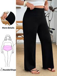 Enliva Plus Size Women Solid Color Wide Waistband Casual Tutu Loose Wide Leg Long Pants Brunch Lounge Black Going Out Everyday - Black - View 2