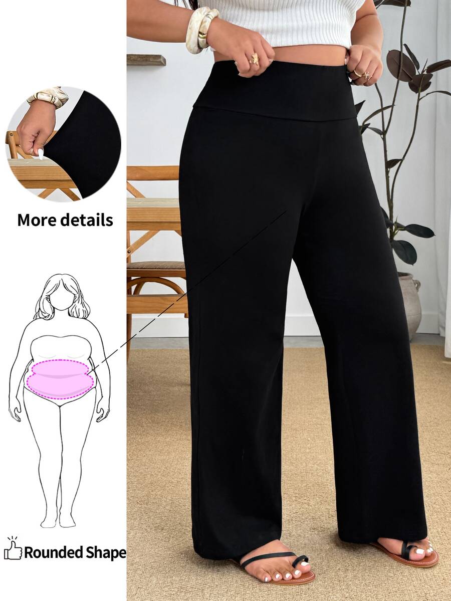 Enliva Plus Size Women Solid Color Wide Waistband Casual Tutu Loose Wide Leg Long Pants Brunch Lounge Black Going Out Everyday