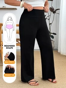 Enliva Plus Size Women Solid Color Wide Waistband Casual Tutu Loose Wide Leg Long Pants Brunch Lounge Black Going Out Everyday - Black - View 9