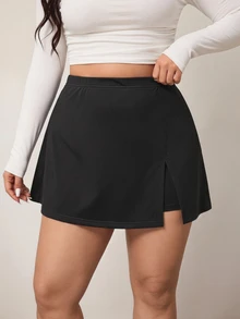 Enliva Plus Size Women's Solid Color Basic Black A-Line Casual Skirt, Friendly To Round Body Curves, Autumn, Apple Rounded Body Shape Bussines Airport - Black - View 5