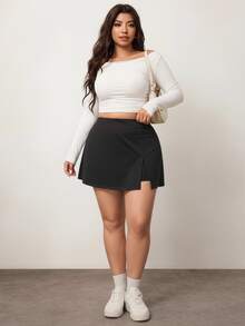 Enliva Plus Size Women's Solid Color Basic Black A-Line Casual Skirt, Friendly To Round Body Curves, Autumn, Apple Rounded Body Shape Bussines Airport - Black - View 7