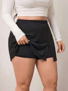 Enliva Plus Size Women's Solid Color Basic Black A-Line Casual Skirt, Friendly To Round Body Curves, Autumn, Apple Rounded Body Shape Bussines Airport - Black - View 6