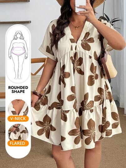 Enliva Plus Size Women's Summer Floral Print Dress, Beige Coffee Brown Short Sleeve Casual Boho Daisy For Vacation, Holiday Beach Outfits, Country