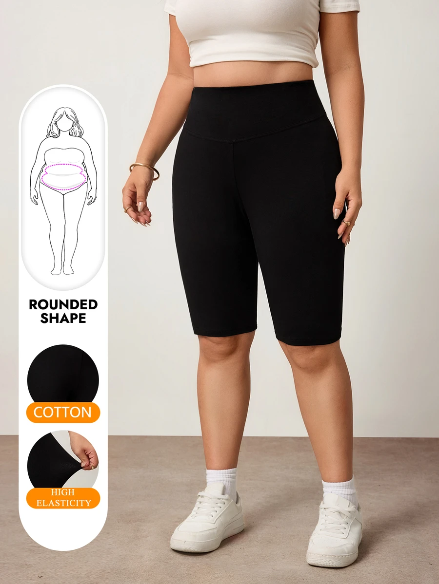 Enliva Plus-Size Solid Color High-Waisted Casual Leggings, 95% Cotton, Stretch Five-Quarter Length, Slim-Fit Cycling Shorts.