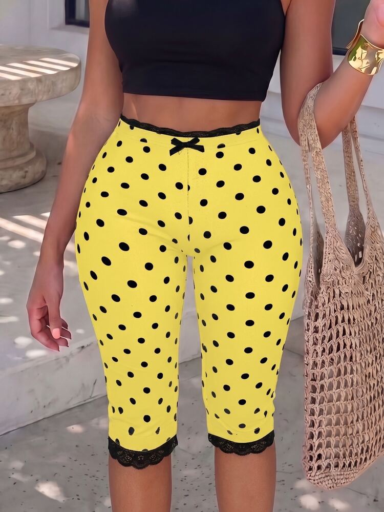 Sirith Women's Lace Trim Bow Decor Black And Yellow Polka Dot Leggings Everyday Home Summer Cute 70s - Yellow - View 3